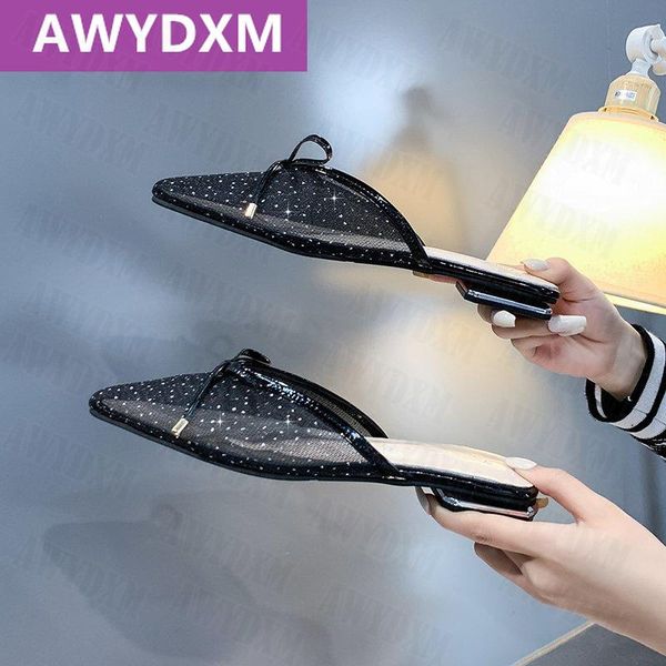 

sandals flats pointed toe women shoes 2021 autumn fashion slippers designer sweet dress outdoor slides pvc flip flops mujer, Black