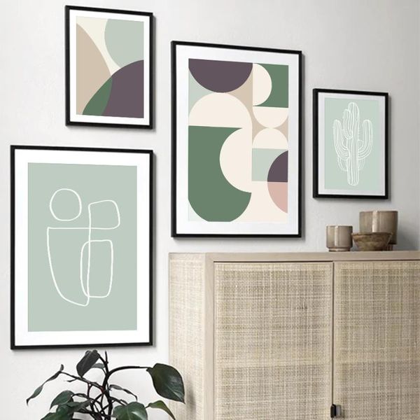 

paintings nordic poster abstract shape girl line cactus print mural art canvas painting living room decoration