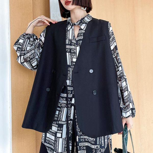 

women's vests 2021spring summer suit collar women jacket khaki black apricot casual outer wear vest bandage button thin section lady co, Black;white