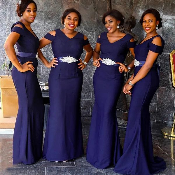 

royal blue mermaid bridesmaid dresses beaded belt sweep train garden country wedding guest party gowns maid of honor dress, White;pink