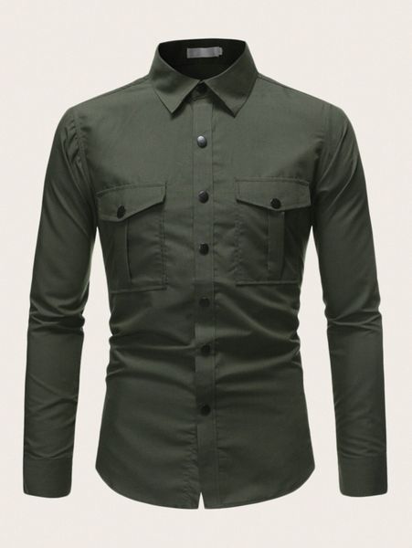 

men solid flap pockets utility shirt v6er#, White;black