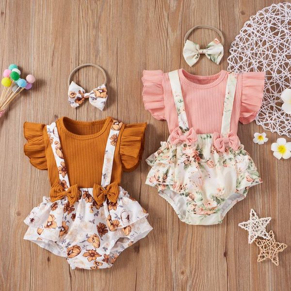 

6m-18m lovely baby kids girls frilled flying sleeve hanging striped + sunflower floral print sling shorts hair tie set 310 rompers, Blue