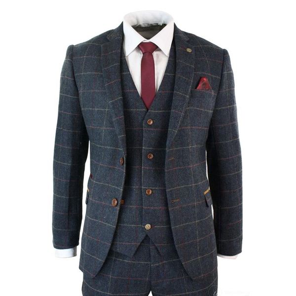 

men's suits & blazers suit 3 pics herringbone lattice navy lapel wool tweed slim fit for formal wedding clothing (blazer+vest+pants), White;black