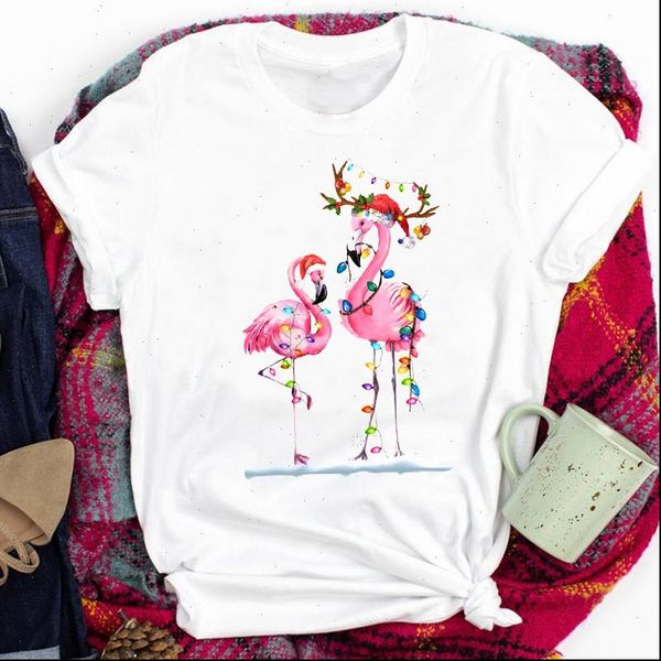

tees flamingo holiday cartoon winter womens t shirt year merry christmas clothes graphic female, White