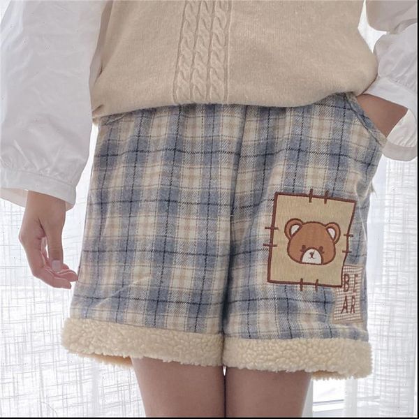 

soft girl winter warm women shorts kawaii bear wool mori vintage plaid cute cartoon fluffy woollen bottom, White;black