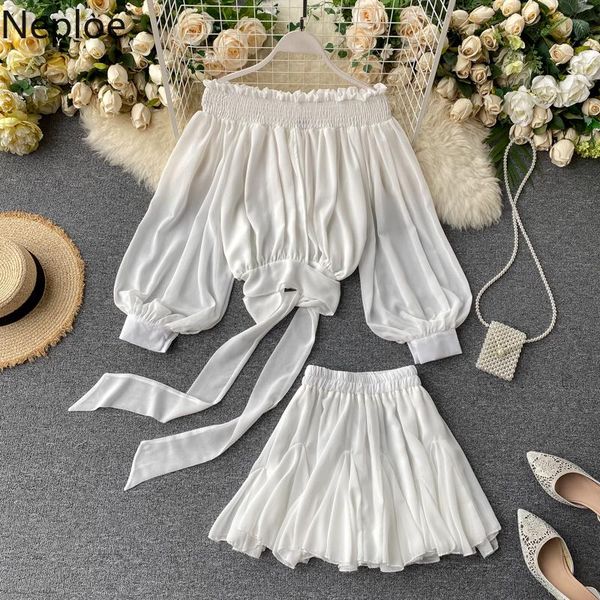 

two piece dress neploe 2 set women slash necl lantern long sleeve lace up short blouse + high waist a-line mini skirt 2021 suits 4a865, White
