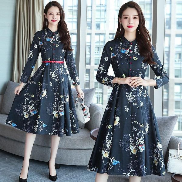 

casual dresses fashion autumn winter floral dress plus size 2021 elegant women club long sleeved midi party a-line vestidos, Black;gray