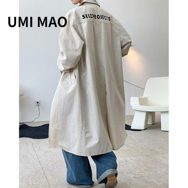 

women's trench coats umi mao autumn korean designer style logo tooling coat loose thin lapel sleeve thick long jacket women summer y2k, Tan;black