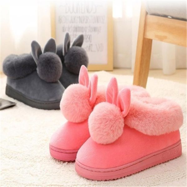 

plus size home slipper women shoes furry ears plush velvet slippers indoor, Black