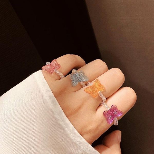 

cluster rings trendy colorful cute transparent acrylic crystal beads butterfly handmade for women elastic finger ring party jewelry, Golden;silver