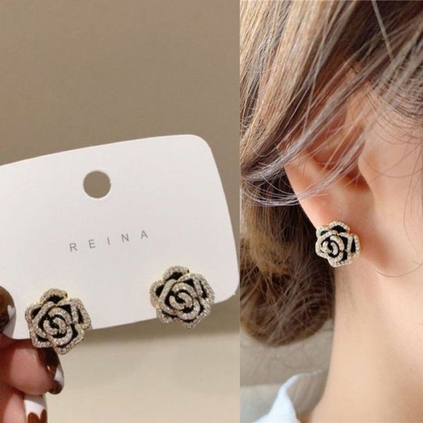 

925 silver needle french black camellia with diamond fashion simple sweet small earrings for women