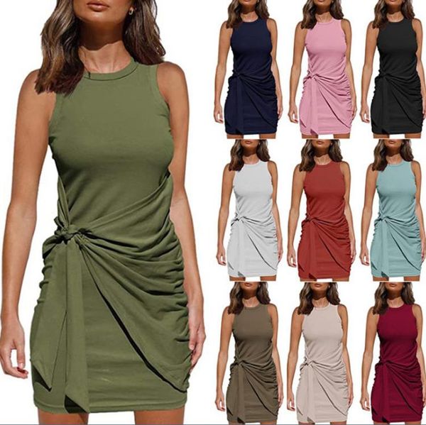 Damen-Sommerkleid, ärmellos, Rundhalsausschnitt, plissiert, Schleifengürtel, schmal, S-XXL, hohe Qualität