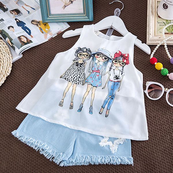 

girls clothes set toddler summer sleeveless cartoon + denim shorts 2-piece girl costume 210515, White