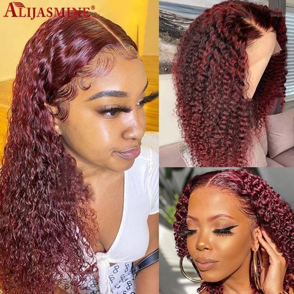 

150% density brazilian hair curly lace front wig 99j burgundy colored ombre human wigs for women bleached knots1, Black;brown