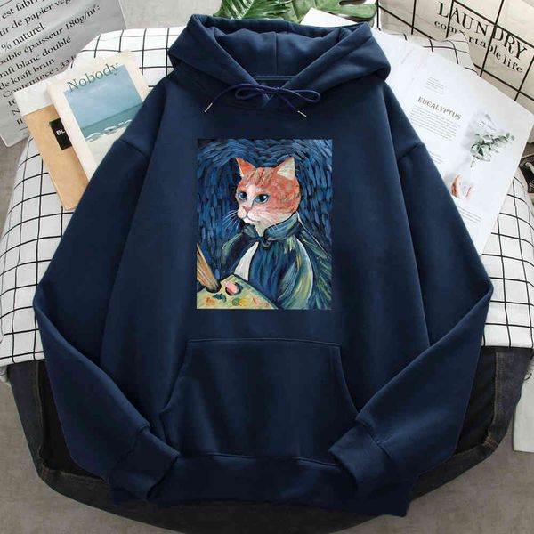 

van gogh men's hoodie, cat pattern, sv, round neck and pockets, cartoon, hip-hop style, Black