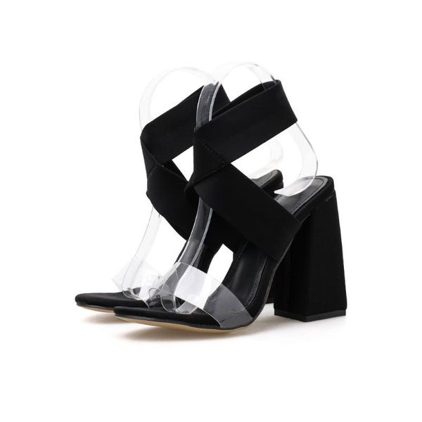 

lanlojer summer stretch fabric women pvc pumps sandals shoes ankle cross strap high heels ladies slip-on dress party, Black