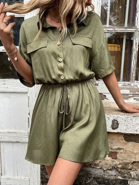 

drop shoulder knot front shirt romper u9t8#, White