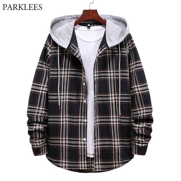 

classic black plaid hoodie shirt men brand long sleeve mens checked shirts casual patchwork hooded shirt jacket chemise 210522, White;black