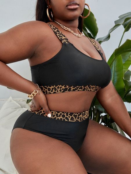 

plus leopard tape bikini swimsuit e45p#, Black