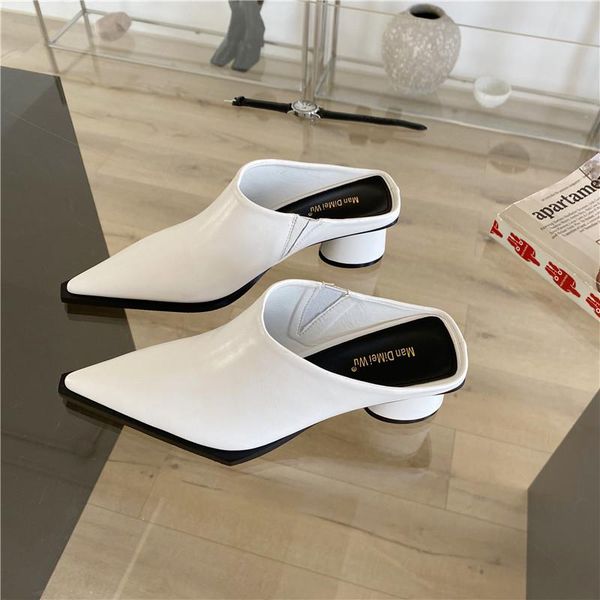 

design pointed toe women slippers mules shoes gladiator sandals slides black/white slip on round heels summer