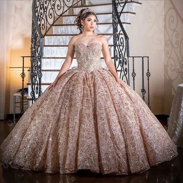 Rose Gold Perlen Spitze Rosa Chrro Ballkleid Quinceanera Kleider 2022 Nach Maß Schatz Vestidos De XV Anos Prom Party Kleid für Süße 15 Mädchen