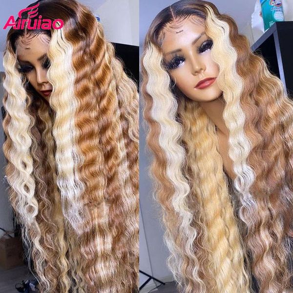 

lace wigs preplucked deep wave frontal wig ombre yellow color highlight 613 blonde human hair hd transparent front full, Black;brown