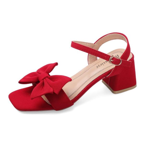 

dress shoes bow sandals female fairy wind 2021 summer word buckle thick with high-heeled women square head, Black