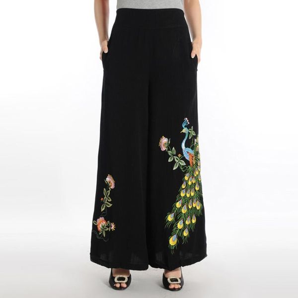 

women's pants & capris 2021 summer black cotton linen peacock flower pattern embroidery pantalon femme wide leg trousers for women / pa, Black;white