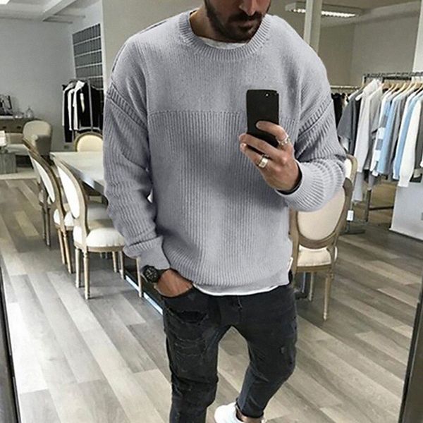 

men's pullover knitted solid color stylish vintage style long sleeve sweater cardigans crew neck fall winter gray khaki green 76k5#, White;black