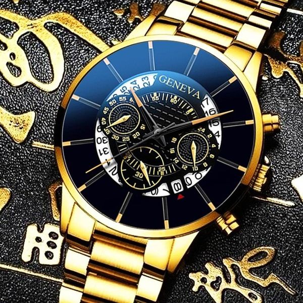 

production 2021 fashion business wristwatches geneva luxury watches men gold steel belt calendar quartz klok, Slivery;brown