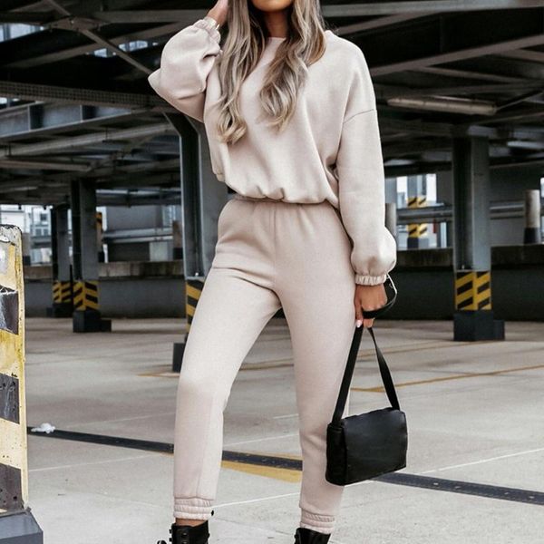 

women's two piece pants set fall/winter 2021 solid color long-sleeved round neck sweater suit loose hoodie and trousers jogging sportsw, White