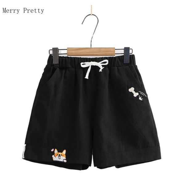 

women's summer shorts hight waist cartoon embroidery pocket shorts harakju korea style female bemuda bottoms 210331, White;black