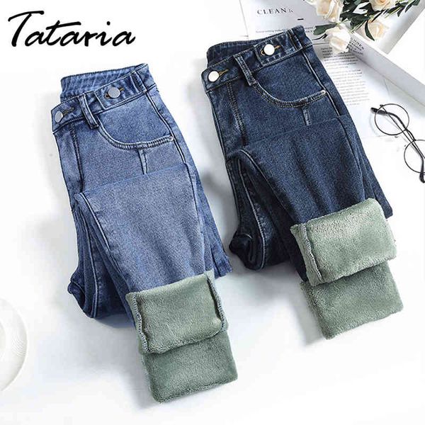 Tataria Women's Winter Quente jeans para cintura alta solta namorado vintage Velvet Harem calças 210514