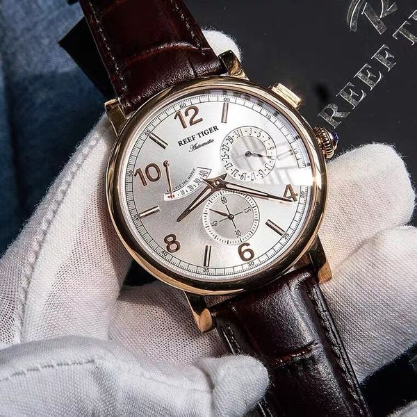 

2021 luxury men leather strap calendar rose gold case genuine analog automatic watches rga1978, Slivery;brown