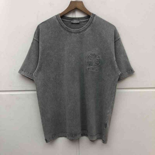 

heavy fabric embroidery t-shirt men women vintage wash make old tee, White;black