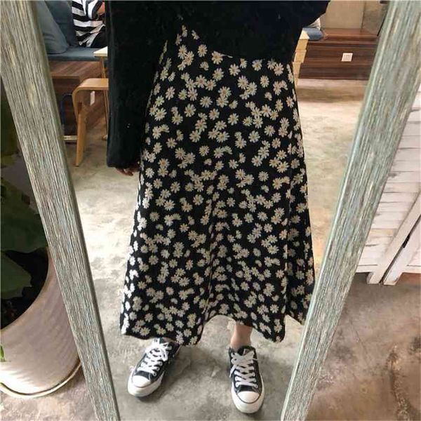 

vintage floral print ruffle pleated long skirts summer women korean streetwear drawstring elastic waist midi s- 210619, Black