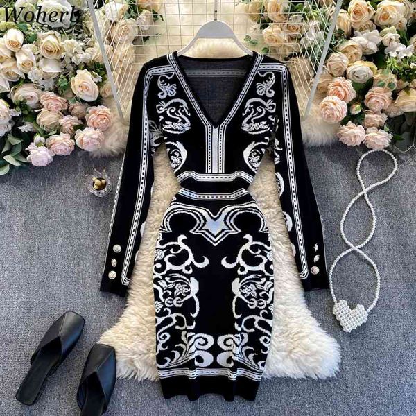 

bodycon dresses vintage boho print autumn winter knitted vestidos stretch korean midi robes kobieta sukienka 210417, Black;gray