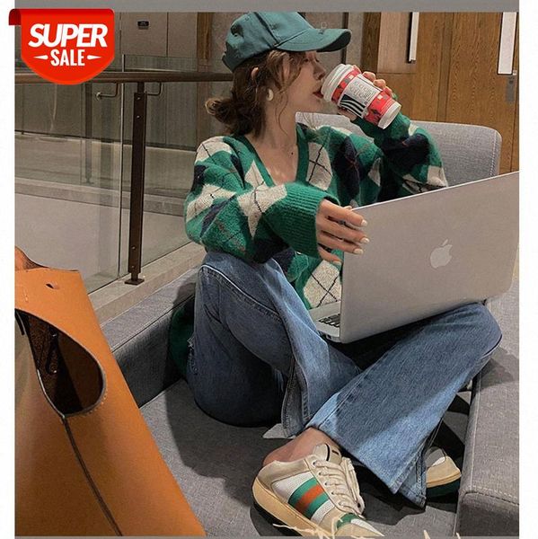

[showing white green c and d check pattern] retro plaid loose knitted cardigan jacket female v-neck can be issued on behalf of #hq4x