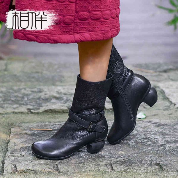 

boots xiangban genuine leather women winter embossed national wind high heel snow wool cotton black coffee c706