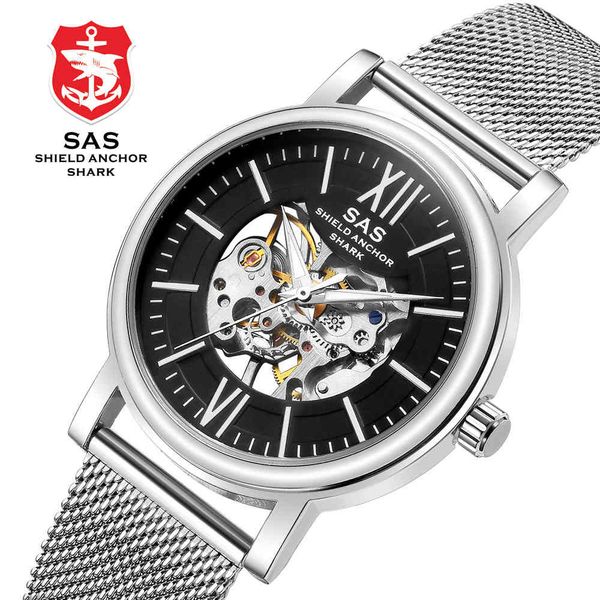 

sas shield angel shark men's fashion thin cut milan mesh belt mechanical watch, Slivery;brown
