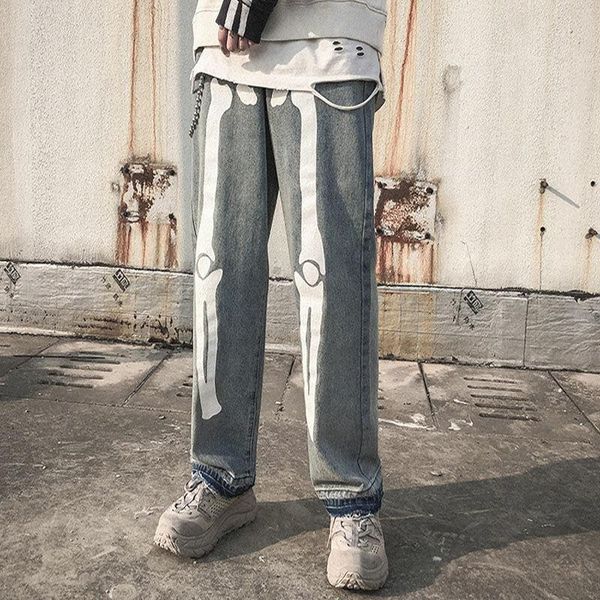 

men's jeans 2021 men oversized black pants hip hop skeleton denim mens streetwear harem high wasit overalls, Blue