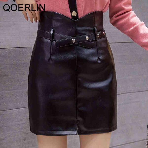 

qoerlin chic irregular high waist fashion pu leather skirt with belt high street girly mini black skirts shorts women plus size 210416