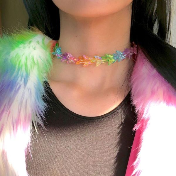 

chains vivilady trendy cute acrylic pink multicolor letter clouds little bear pin three layers butterfly beaded girl choker necklace, Silver