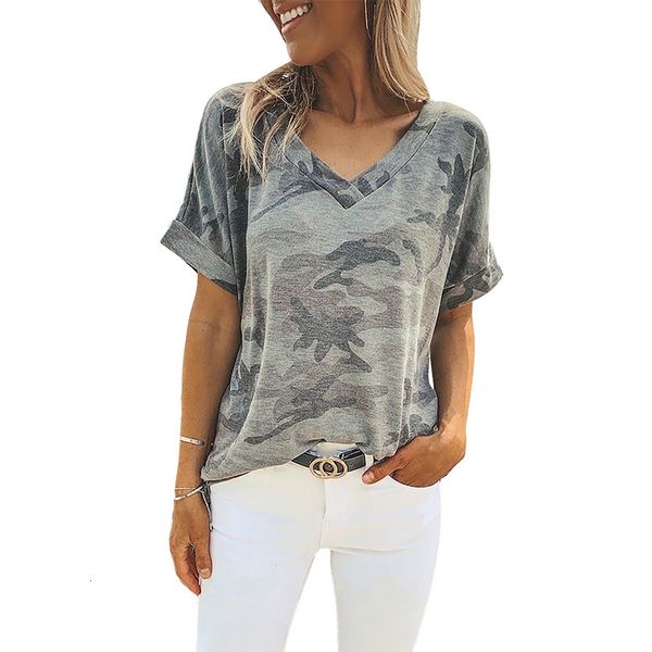 

t-shirt summer women's v-neck camouflage short sleeve t-shirt, White