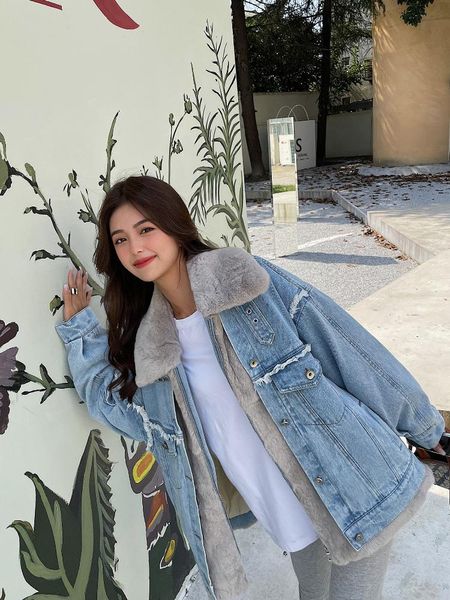 

women's fur & faux 2021 winter denim splicing real coat women parka natural rex loose warm down jacket fashion streetwear, Black