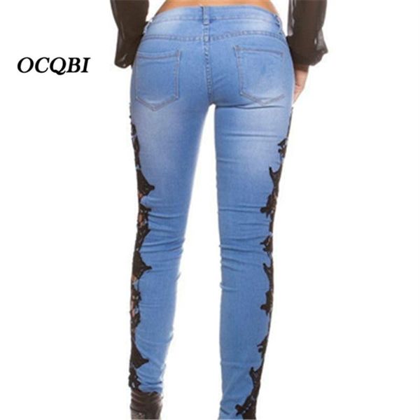 

lace ripped boyfriend jeans for women vintage pants elasticity pencil plus size women's, Blue