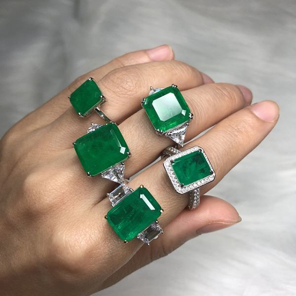 

women 925 sterling silver wedding ring set jewelry ladies square green emerald stone engagement rings, Slivery;golden