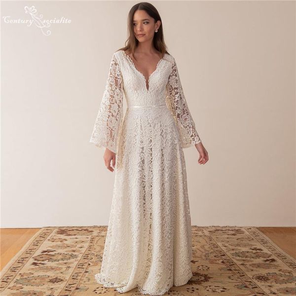 

other wedding dresses boho lace long sleeve v-neck backless a-line simple beach bride dress bohemian bridal gowns vestido de noiva, White