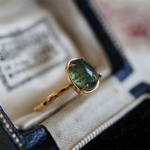 LAMOON Anello in agata di muschio verde naturale per le donne Anelli con pietre preziose vintage in argento sterling 925 Accessori per gioielli placcati in oro RI007 211217