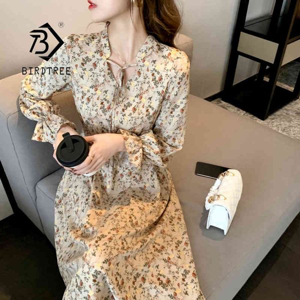 

spring vintage korean style medium long dress floral chiffon loose women ruffle sleeve elegant v neck long dresses d12701x 210419, Black;gray
